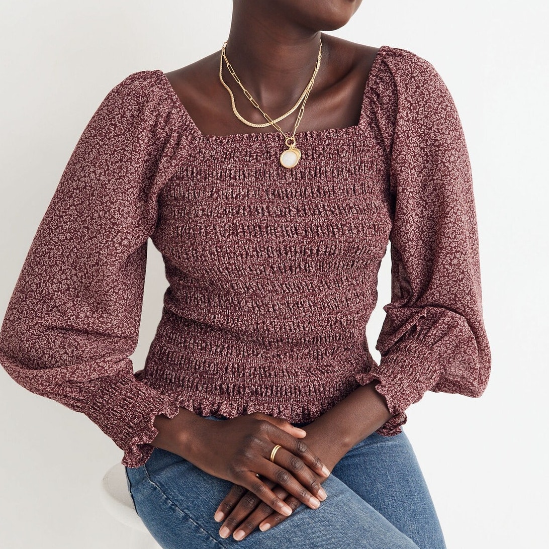 Madewell Lucie Bubble-Sleeve Smocked Top In Cottage Garden Nwt
